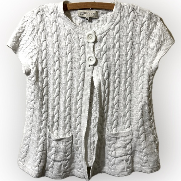 Jones New York Sport white cable knit linen cotton beachy cardigan sweater. Sz M - Picture 2 of 5
